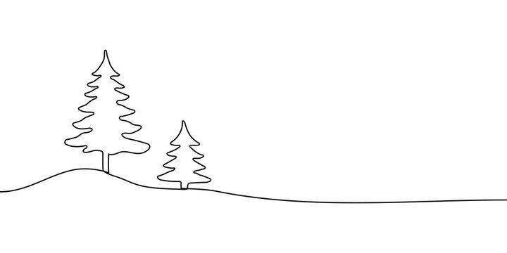 Tree line continuous drawing forest art outline silhouette single illustration. Tree line continuous pine icon doodle christmas abstract one palm nature grow plant oak sketch simple growth big