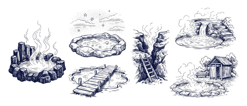 Hot spring hand drawn vector sketch set featuring thermal baths, volcanic geysers, outdoor onsen pools, steam vents, wooden sauna hut and stone wells, perfect for spa, wellness and nature decorations.