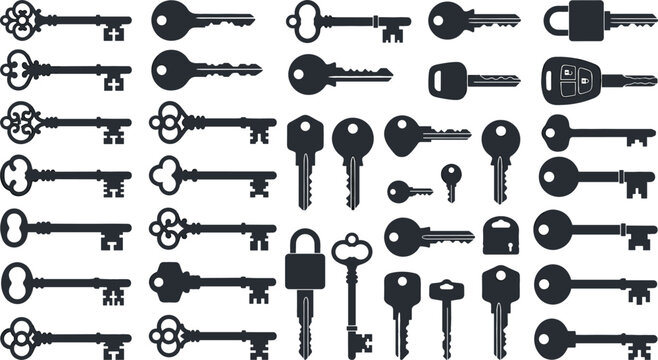 Key silhouette vector icon set featuring dark black lock opening shapes including vintage skeleton keys modern house keys and car fobs