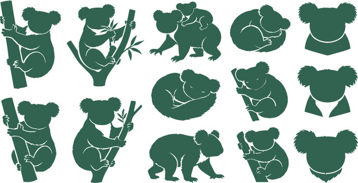 Koala bear silhouette vector set featuring wild Australian animals climbing eucalyptus trees sleeping curling up and mother with baby icons