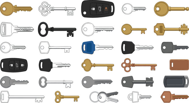 Key vector icon set featuring various lock opening tools including house keys car fobs vintage skeleton keys and security padlock keys
