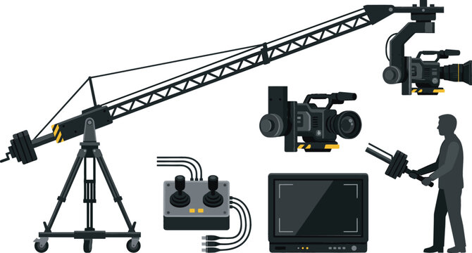 Professional broadcasting film production equipment vector set featuring video camera crane jib gimbal stabilizer monitor controller and camera operator illustration