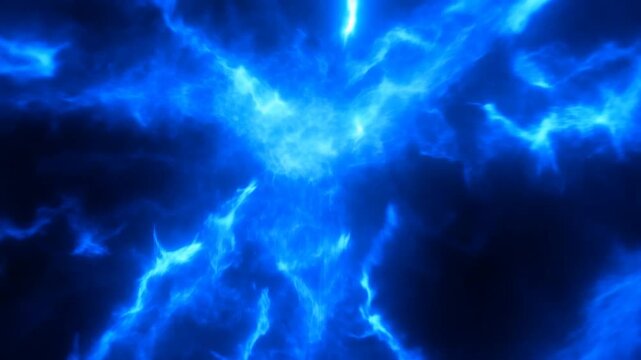 Slow zoom pan of abstract electric blue plasma clouds pulsing and swirling like lightning in dark cosmic space background