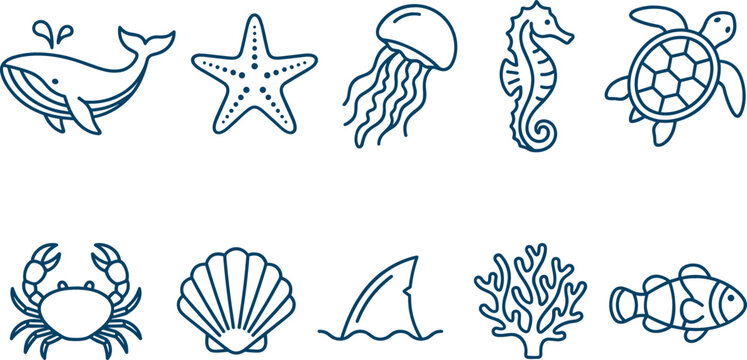 Sea life and marine animal line icon set featuring whale starfish jellyfish seahorse sea turtle crab seashell shark fin coral and clownfish vector