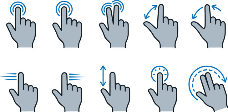 Touchscreen hand gesture icon set featuring click double tap scroll swipe zoom pinch rotate and multi touch interface vector