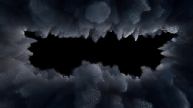 Slow zoom forward into dark smoke ring revealing central black void above stormy sky textured swirling clouds encircling rectangular aperture from overhead perspective