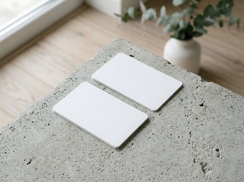 Minimalist mockup of two blank white business cards resting on a textured concrete surface with a blurred indoor background