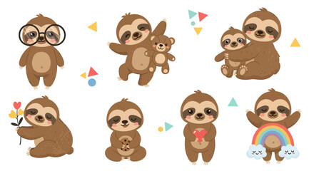 Obraz premium Cute cartoon sloth character set in various poses with rainbow and heart, vector illustration