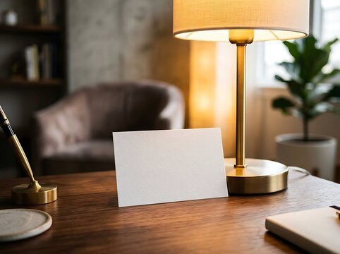 Warmly lit desk setup featuring a golden table lamp and blank card for notes or messages on a wooden surface