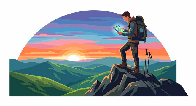 Vector illustration of a hiker standing on a mountain peak at sunrise looking at a glowing digital map on a tablet, representing GPS dependency, technology addiction, and ignoring nature.