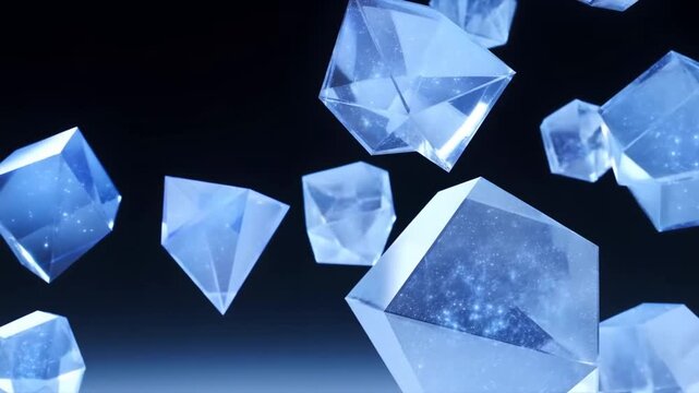 Slow motion tracking shot of floating faceted blue crystals drifting and rotating in dark gradient studio space