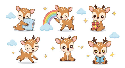 Fototapeta premium Cute baby deer set with rainbow and gifts, kawaii animal illustration