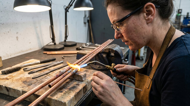 Female technician brazing copper joint in active mechanical workshop