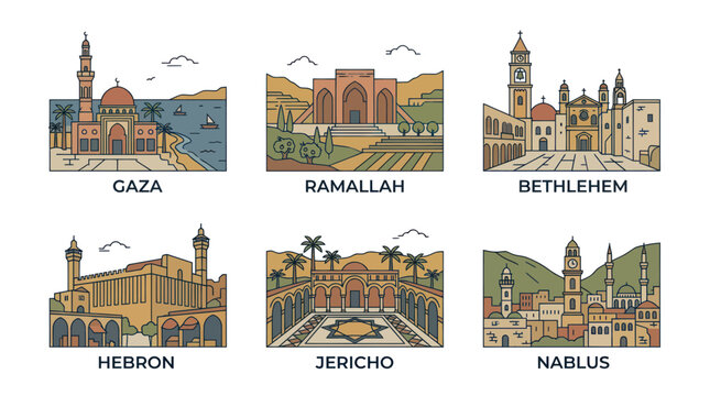 Palestinian Cities Skyline Collection: Gaza, Ramallah, Bethlehem, Hebron, Jericho, Nablus