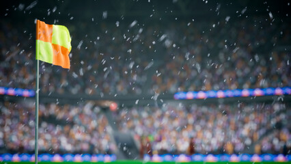 Computer graphics simulation of snowflakes falling over corner flag on frozen football stadium pitch, 3D illustration close up of corner post on soccer playground during snowy winter night. © DC Studio