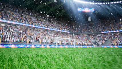 Snowflakes computer graphics falling over frozen stadium football pitch, 3D illustration close up of soccer playground and fans filling sports arena during snowy weather winter day. © DC Studio