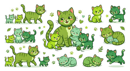 Naklejka premium Cute green cartoon cats and kittens sticker set collection on white background featuring various playful poses and adorable expressions.