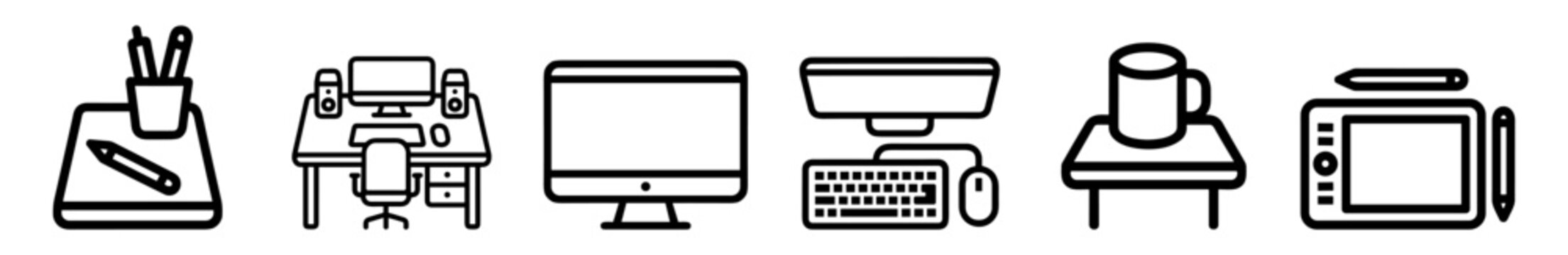 Set of simple black line icons representing office and digital workspace with computer, desk, keyboard, mouse, tablet, coffee cup, and stationery on transparent background