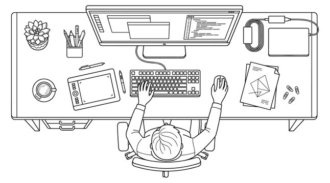 black and white top view illustration of a person working at a desk with computer, keyboard, mouse, graphic tablet, coffee cup, papers, and office supplies on transparent background