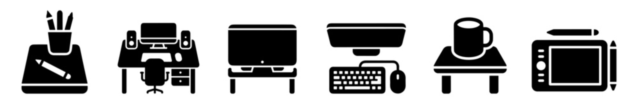 Set of black and white digital illustrations of office and creative workspace objects and setups on transparent background