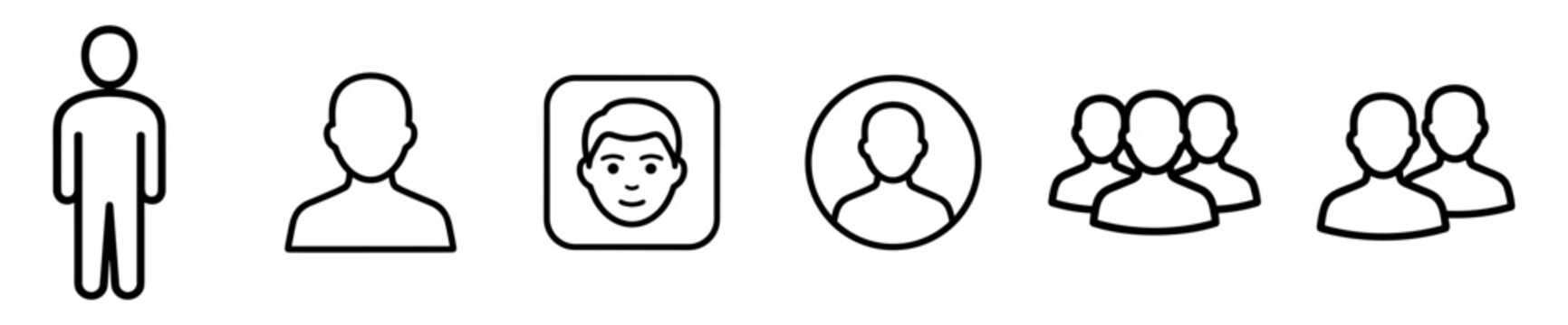 Set of user profile icons representing individual and group users in various outline styles for social media or digital platforms on transparent background
