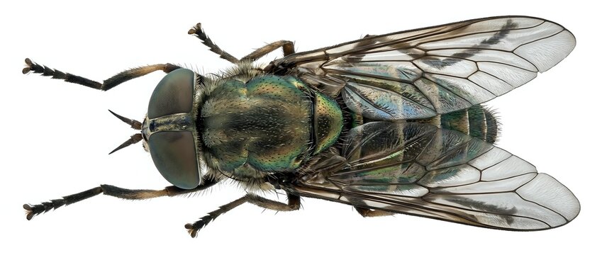 Robber fly with transparent wings and dark metallic body isolated on white background, ready for design use, educational materials, and entomology illustrations.
