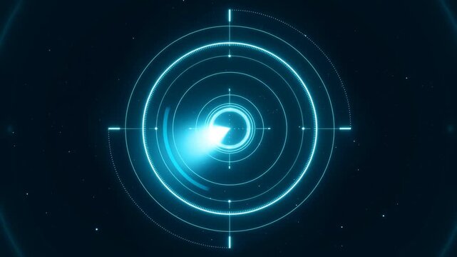 Static shot of glowing concentric hud rings pulsing and rotating with bright central flare over star field background futuristic sci fi interface animation