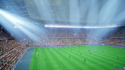 3D illustration of soccer players run on snow covered dark stadium pitch lit by floodlights, computer graphics simulation of football athletes playing in world tournament match played late at night. © DC Studio