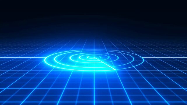 Tracking shot of glowing concentric radar rings expanding and pulsing across neon grid floor in virtual futuristic digital landscape