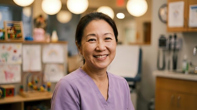 Middle-aged Asian woman wearing lavender scrubs smiling in a medical clinic or healthcare office with blurred background and warm lighting.