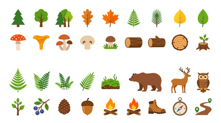 Obraz premium Colorful flat design forest and nature icons set.