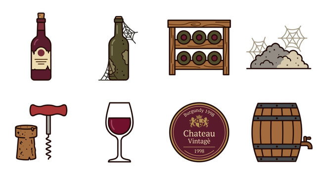 Wine and vineyard related icons set illustration.