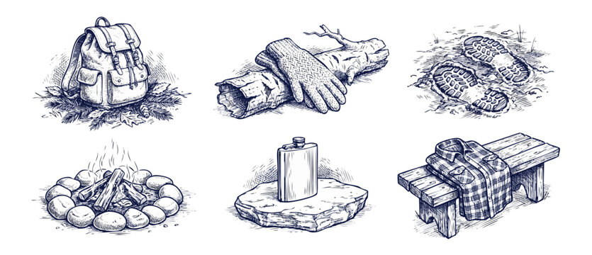 Camping hiking elements sketch icon set with backpack campfire hip flask boots footprints flannel shirt and warm gloves on log for outdoor adventure tourism design in vintage hand drawn line art style