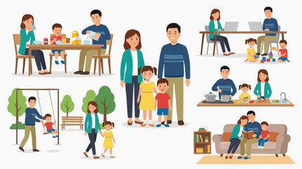 Fototapeta premium A collection of illustrations depicting various family activities, showcasing togetherness and daily life isolated on white background