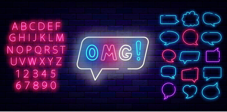 Oh my gosh neon emblem. Frame with omg text. Glowing sign. Shiny pink alphabet. Speech bubbles frames set. Marketing promotion. Shiny sale banner. Vector stock illustration