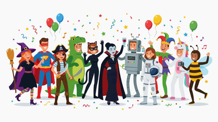 Fototapeta premium Diverse group of people in costumes celebrating a party with balloons and confetti isolated on white background