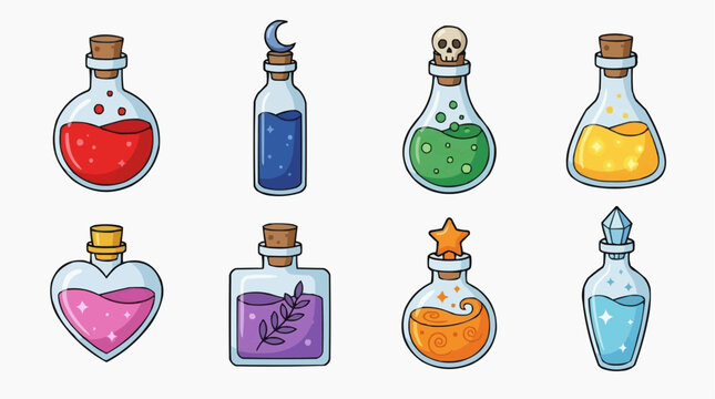 Collection of magical potion bottles with various colors and shapes, perfect for fantasy or witch-themed designs. isolated on white background