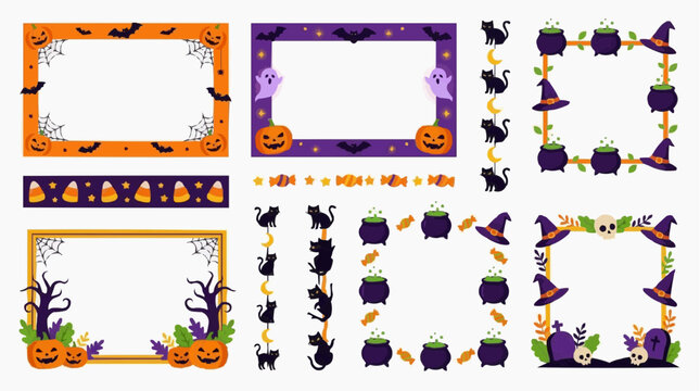 A collection of Halloween-themed photo frames and decorative borders featuring spooky elements like pumpkins, ghosts, bats, witches' hats, cauldrons, and black cats. isolated on white background