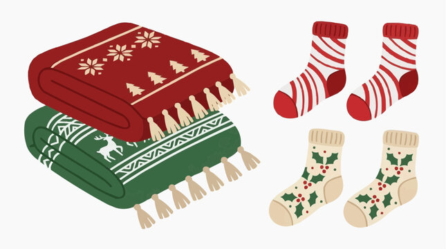 Cozy Christmas textiles including blankets and socks, with festive holiday patterns and designs. isolated on white background