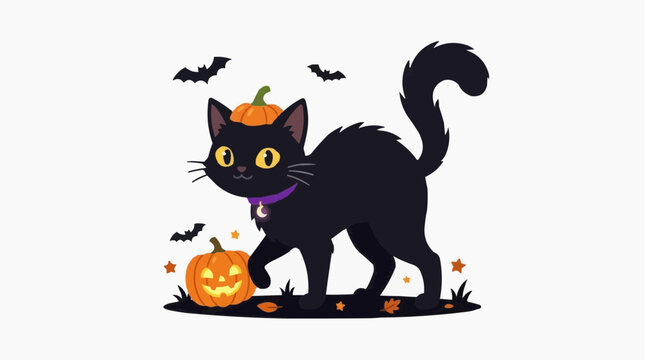 A black cat with a pumpkin on its head, dressed for Halloween, surrounded by pumpkins and bats isolated on white background