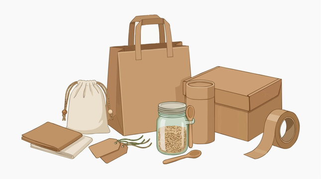 Eco-friendly packaging and shipping supplies, including paper bags, boxes, jars, tape, and tags, perfect for sustainable businesses. isolated on white background