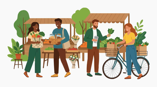 People shopping at an outdoor farmer's market. Diverse individuals are buying fresh produce, some carrying baskets and bags, and one person arrives by bicycle. isolated on white background