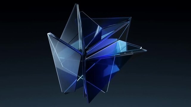 Tracking shot of rotating glass geometric sculpture spinning with faceted crystal shards in dark studio gradient background