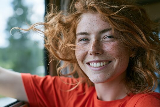 Redhead young woman with freckles smiling candid portrait natural light closeup for lifestyle banner and social background