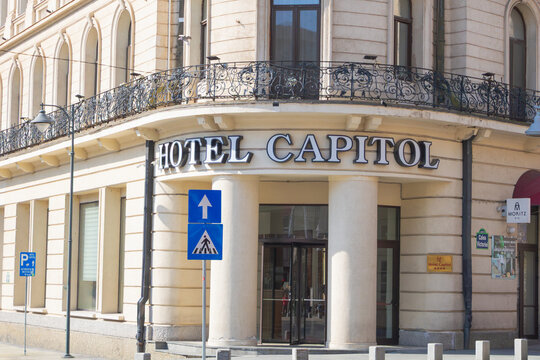Front entrance of Hotel Capitol located on the famous Calea Victoriei in Bucharest, Romania March 15 2026