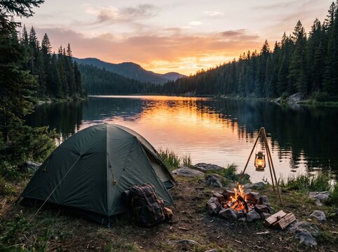 Camping tent by lake at sunset with campfire and backpack in wilderness landscape