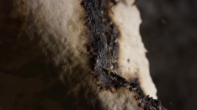 Macro slow motion tracking shot of mushroom releasing spores from gill and cap in dark studio close up