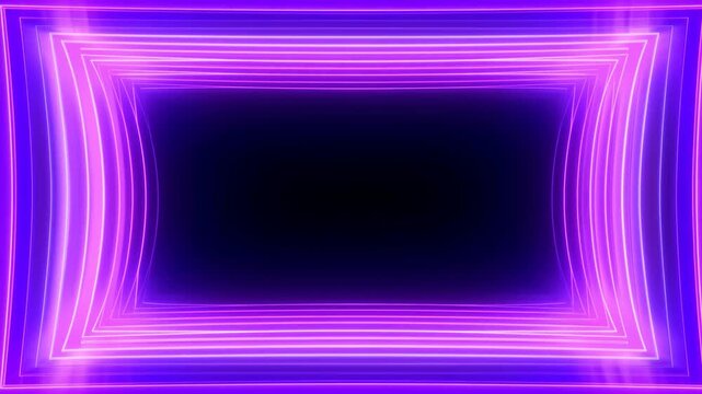 Tracking shot of neon geometric frames rotating and pulsing inside mirrored rectangular tunnel in virtual studio background