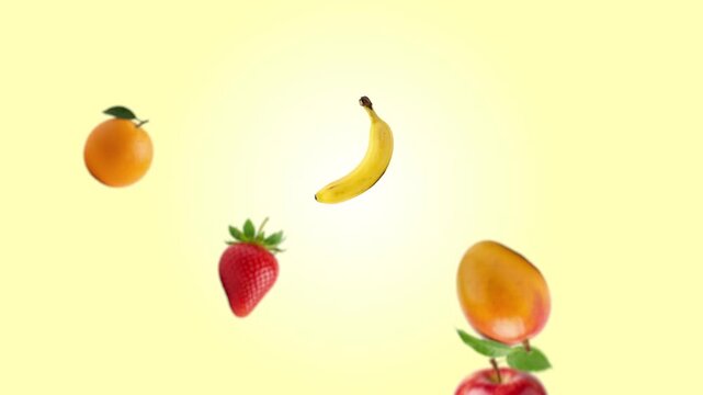 Falling colorful fruits with banana strawberry and mango on yellow gradient background