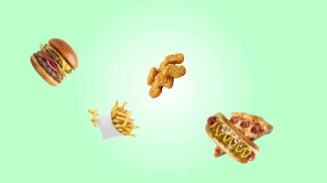 Flying street food combo with french fries nuggets and hotdog on green gradient background
